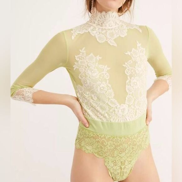 NEW We Are Hah Free People Bow Reversible Bodysuit Sage My Name Combo Small - Picture 1 of 5